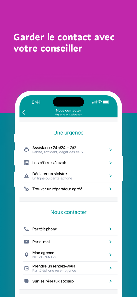 MAAF mobile app contact and emergency assistance interface