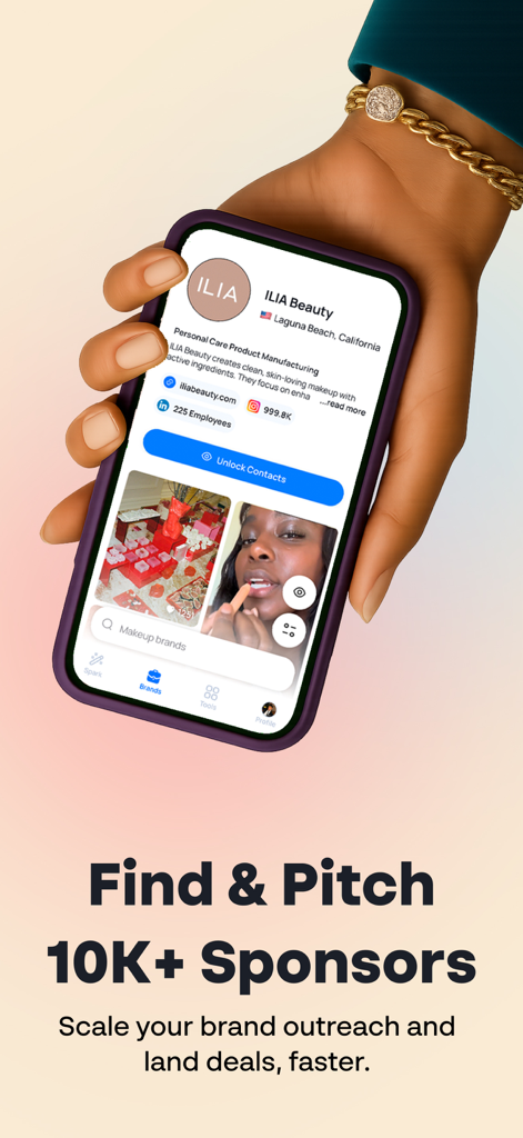 Mysocial: AI Creator Manager - A mobile interface of Mysocial app showing a brand profile for ILIA Beauty with options to find and pitch sponsors.