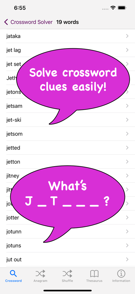 Interface of a crossword solver app showing a list of potential word answers for a specific clue pattern.