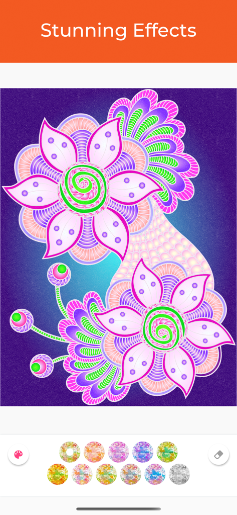 Coloring Book Pro Adult Relax - Intricate floral coloring page with vibrant pink and purple flowers and special pattern palettes