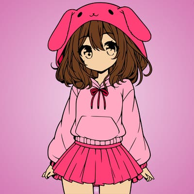 pretty anime girl wearing a fluffy hoodie with bunny ears on the hood and a skirt