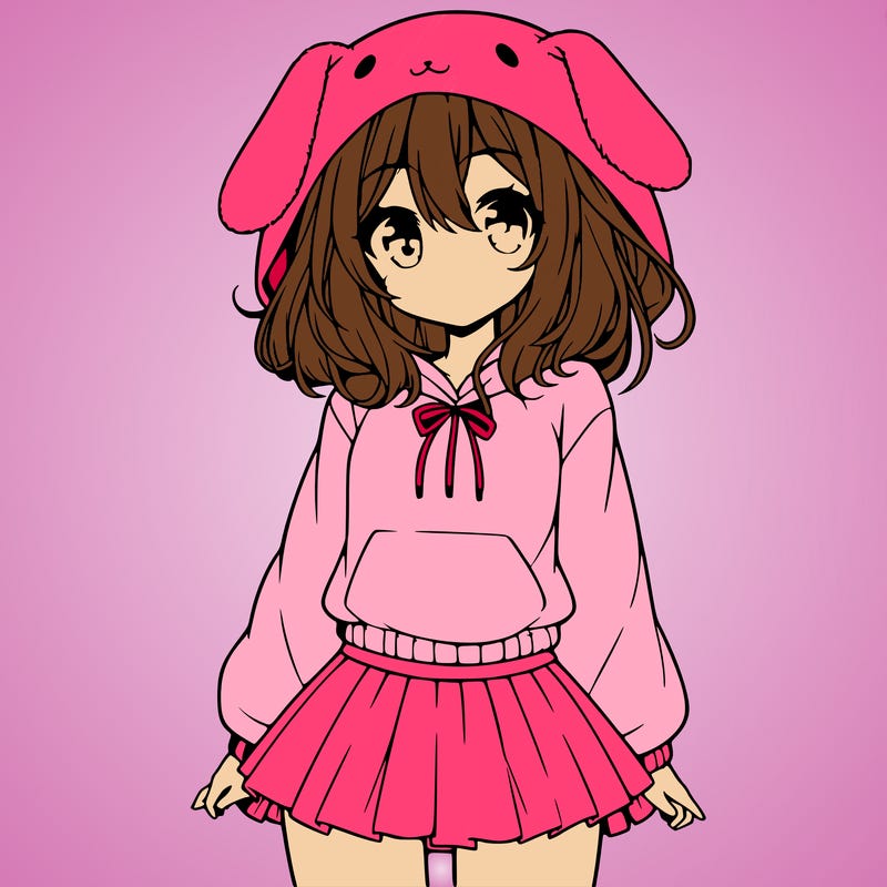 pretty anime girl wearing a fluffy hoodie with bunny ears on the hood and a skirt