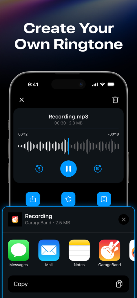 オーディオファイルからカスタムiPhone着信音を作成およびエクスポートする方法を示すモバイルインターフェイス。