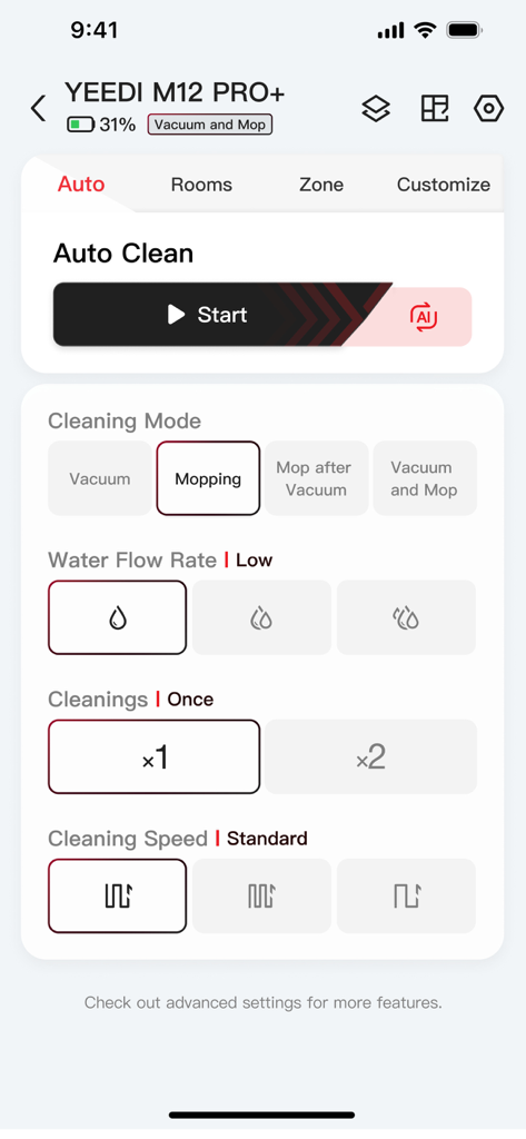 YEEDI - YEEDI app screen showing customizable mopping settings including water flow rate and cleaning speed for a robot vacuum