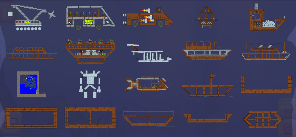 Water Physics Simulation - A grid of various 2D pixel art boat and structure designs