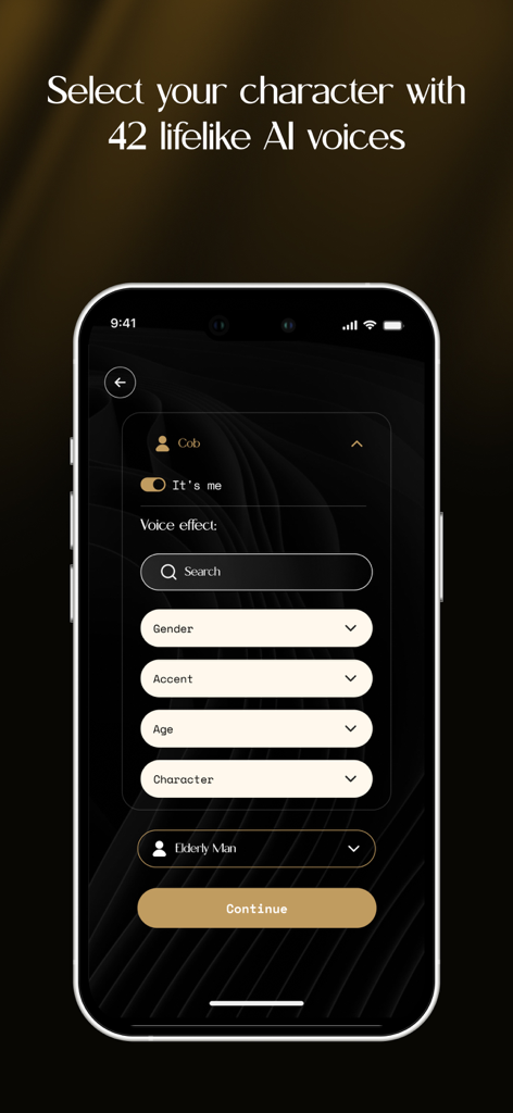 Acting pal: Learn lines - A smartphone screen displaying the Acting Pal app interface for selecting character voices with filters for gender accent and age.