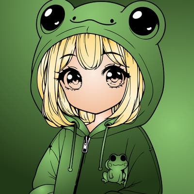 cute realistic girl in a froggy hoodie