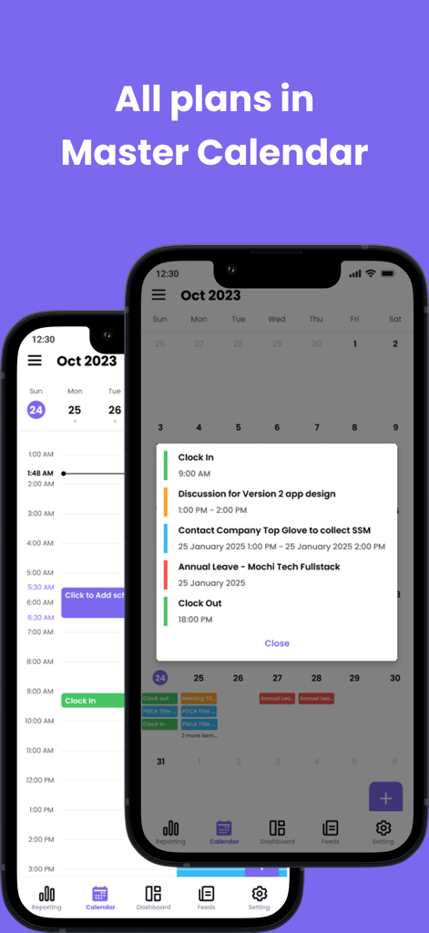 MOCHI Business - MOCHI Business app interface showing the Master Calendar with daily work schedules and plans