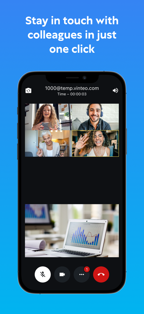 Vinteo - Ein Smartphone-Bildschirm, der die Vinteo-App während eines Videoanrufs mit mehreren Teilnehmern und einer Bildschirmfreigabesitzung mit Business-Charts zeigt.