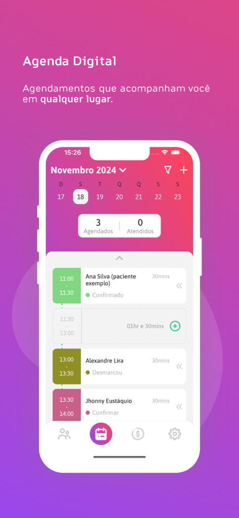 Interface móvel do aplicativo Dental Office mostrando uma agenda diária digital com compromissos de pacientes.