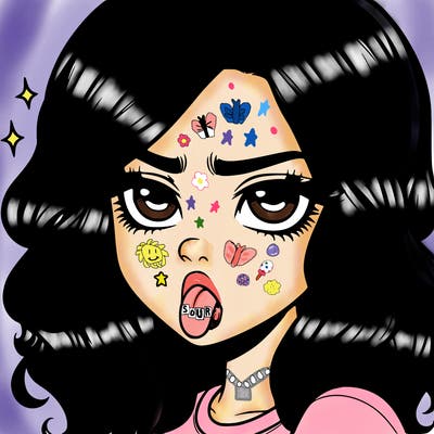 realistic annoyed girl with tongue out with waves hair