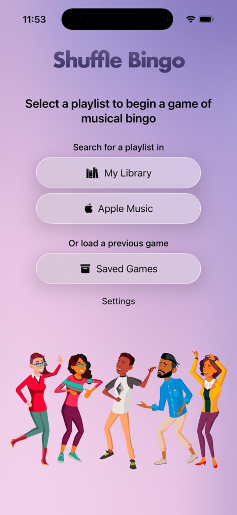 Shuffle Music Bingo - Game - Main menu of the Shuffle Music Bingo app for selecting playlists and starting games