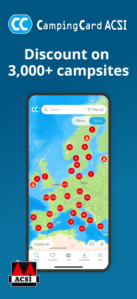 A map of Europe in the CampingCard ACSI app showing thousands of available discount campsites with red location markers.