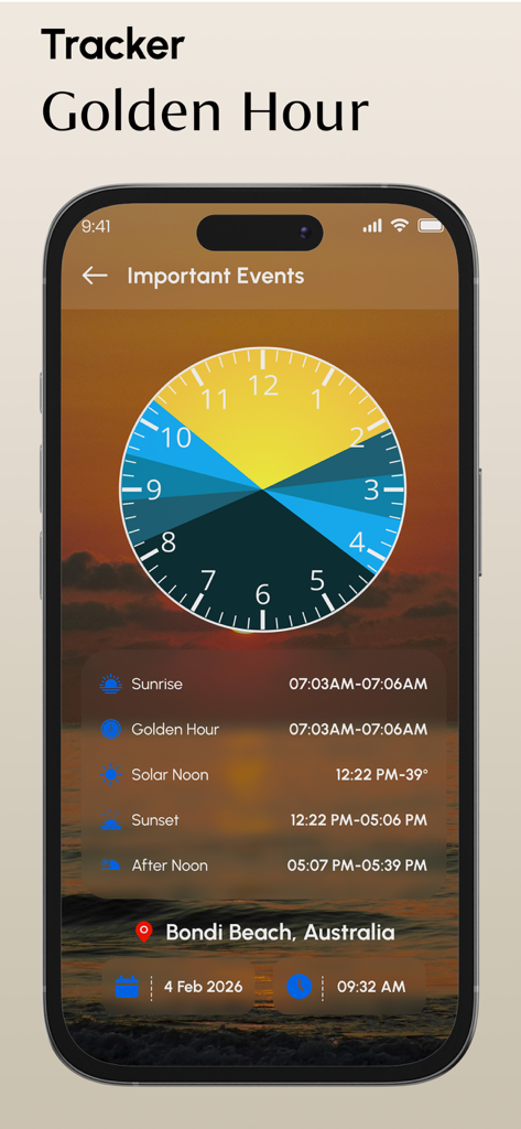 Compass & Location Tracker - Interface of the Compass and Location Tracker app showing golden hour and sun tracking events