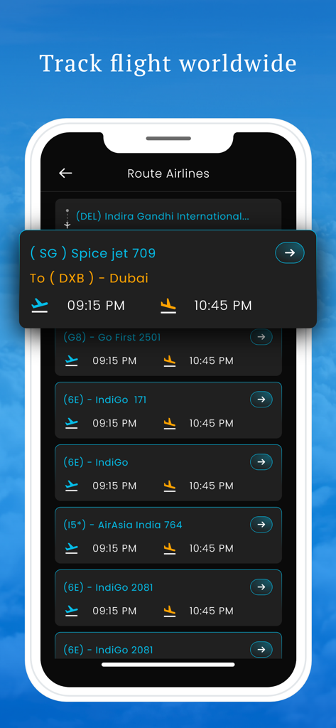 Flight Statusアプリのスマートフォン表示。世界中のフライトルートとスケジュールのリストが表示されています。