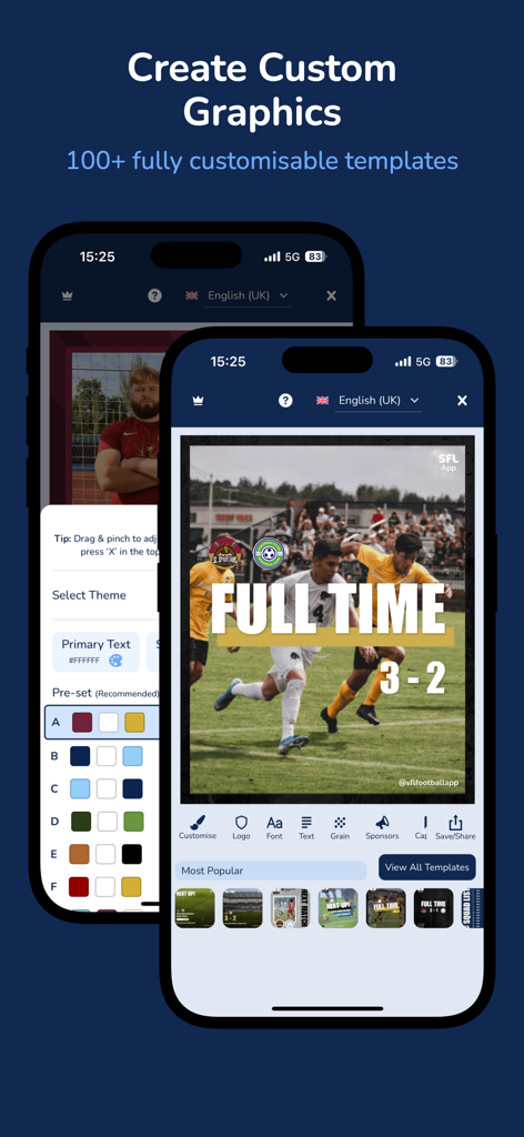 SFL Soccer - SFL Soccer App-Oberfläche, die eine Vollzeit-Ergebnisgrafik und verschiedene anpassbare Sportvorlagen auf einem Smartphone-Bildschirm anzeigt
