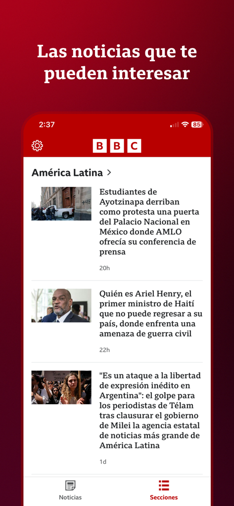 BBC Mundo - Captura de tela móvel do aplicativo BBC Mundo mostrando artigos de notícias da América Latina