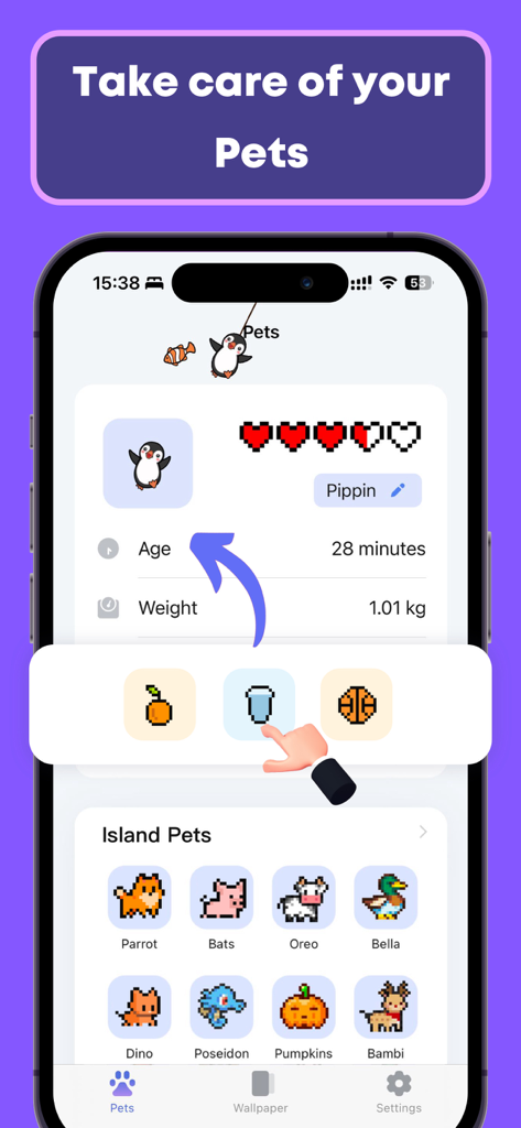 Island Pet & Island Wallpapers - Screen showing interactions for a pixel penguin pet in the Island Pet app