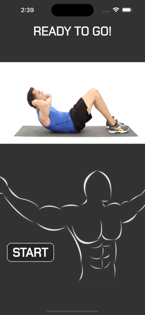 Home Workout : No Equipments - Interfaz de la aplicación Home Workout que muestra a un hombre haciendo abdominales y un botón de inicio sobre un gráfico de torso musculoso.