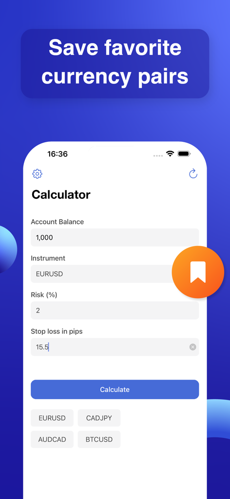 Forex position size calculator interface showing how to save favorite currency pairs
