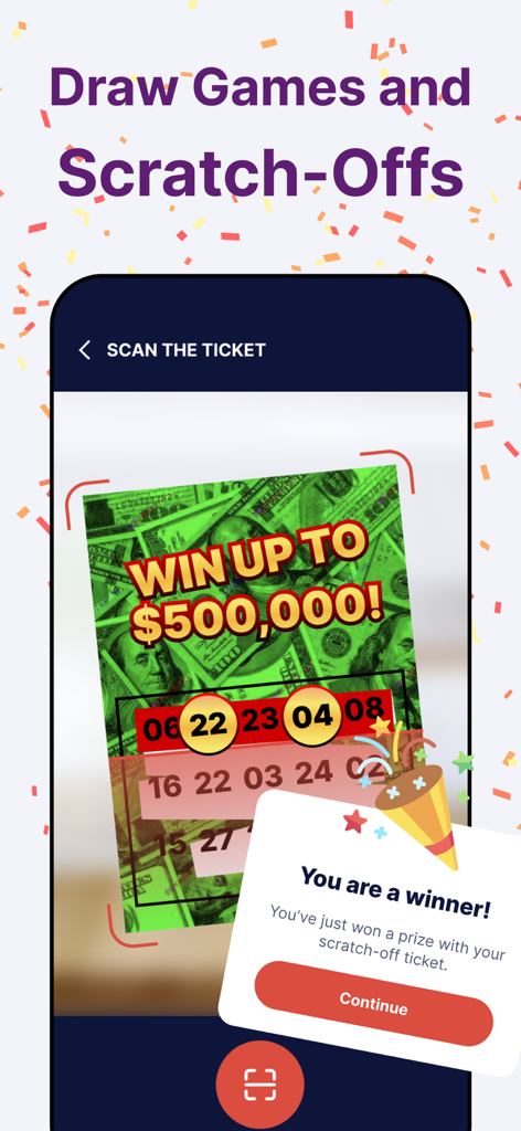 Lottery Ticket Scanner App - 宝くじスクラッチオフチケットをスキャンするスマートフォンに当選通知が表示されています。