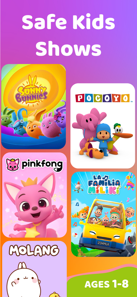 Pantalla de la aplicación KidsBeeTV mostrando programas seguros para niños de 1 a 8 años, incluyendo Pinkfong y Pocoyo