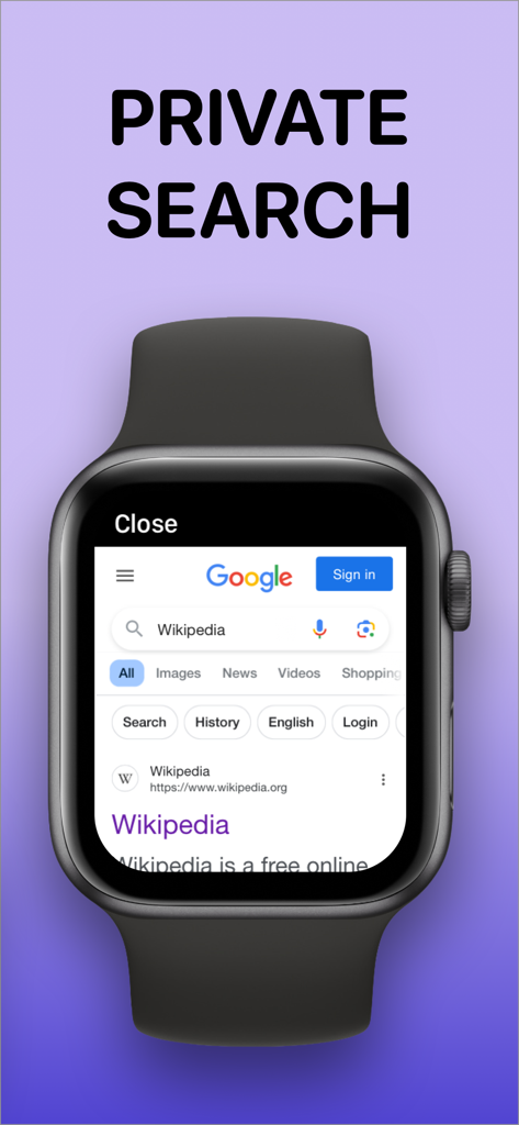 Schermata di Apple Watch che mostra una ricerca Google privata per Wikipedia