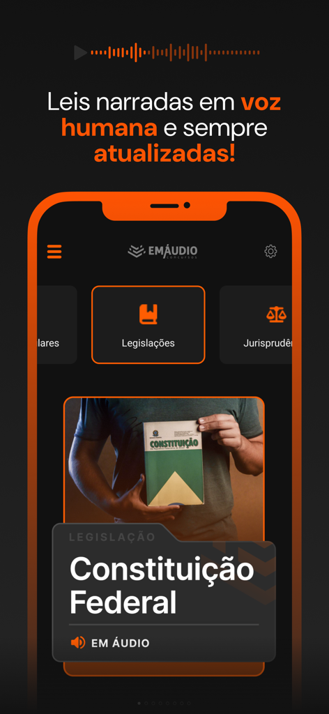 EmAudio Concursos - EmAudio Concursos mobile app interface featuring human-narrated laws and the Brazilian Federal Constitution in audio format.