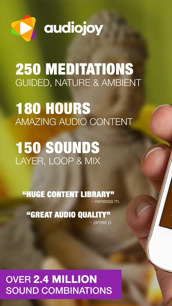 Meditation Bell, Bowls, Chants - Audiojoy app overview showing its library of 250 meditations 180 hours of audio and customizable sound combinations