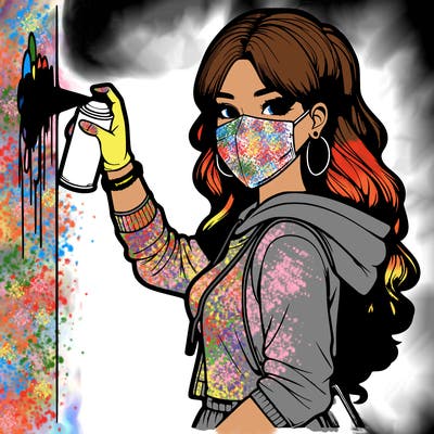 realistic girl with mask spray painting a wall