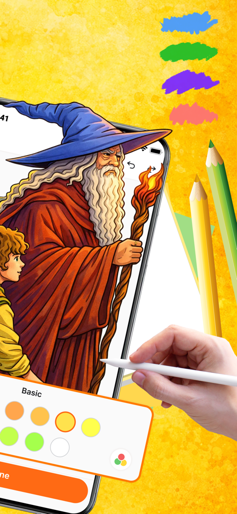 FillColor: Bliss Coloring Book - Hand coloring a wizard illustration on a smartphone using a stylus in the FillColor app