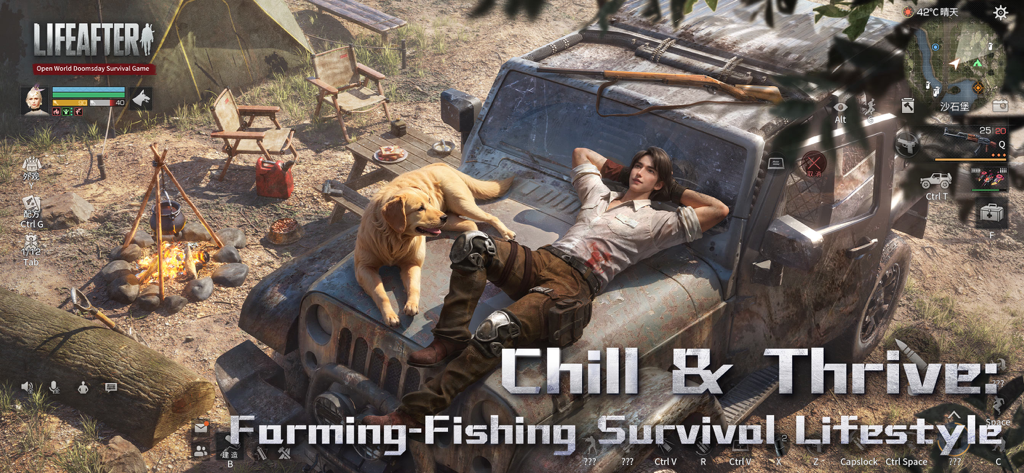 A character and his dog relaxing on a jeep at a campsite in the LifeAfter survival game