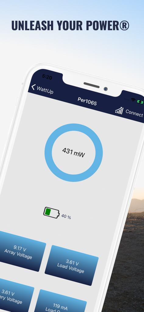 WattUp app dashboard showing real-time charging metrics including power output in milliwatts and voltage levels