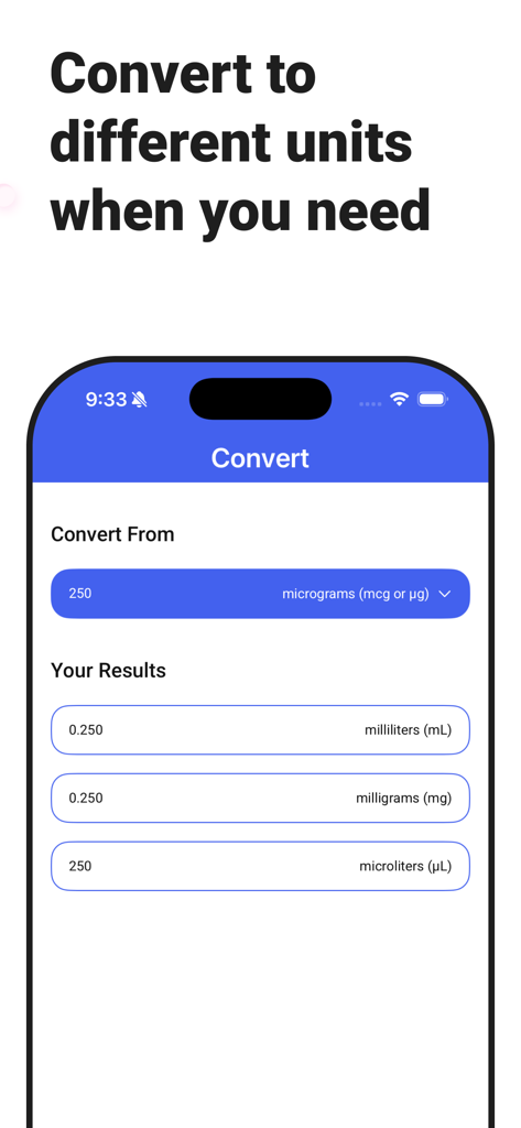 PepCal: Peptide Calculator - Tela do aplicativo móvel PepCal mostrando a conversão de microgramas para mililitros e miligramas para pesquisa de peptídeos