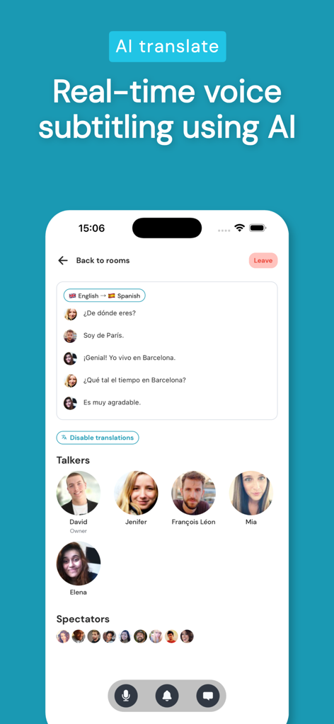 Vocalis: Learning Languages - Interfaz de la aplicación Vocalis que muestra subtítulos de voz en tiempo real durante un chat de intercambio de idiomas
