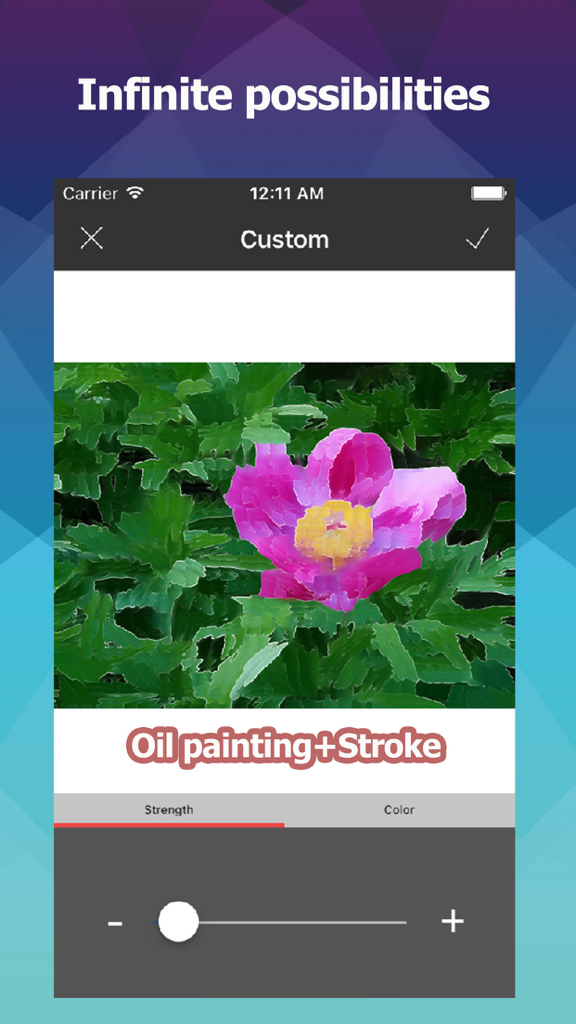 Aftercut - Aftercut app interface showing an oil painting and stroke effect applied to a flower photo