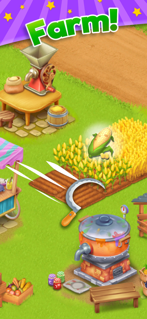 Farmhouse Story - A sickle harvesting corn in the Farmhouse Story mobile game