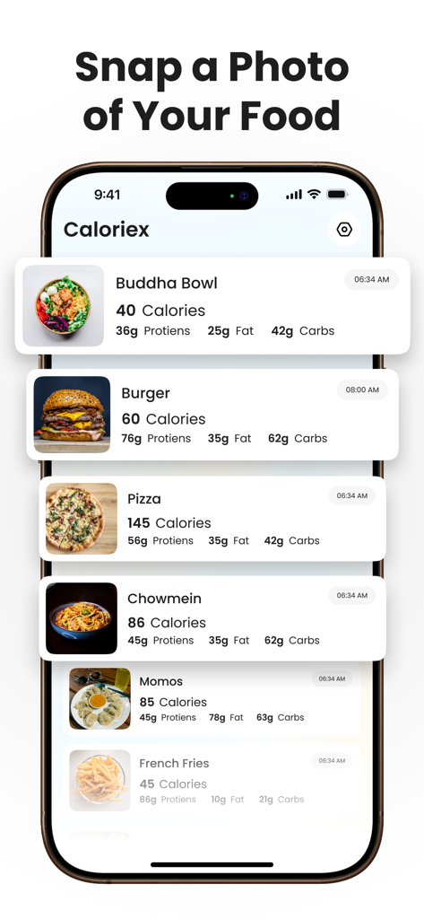 Calorie Counter App - Caloryx - Caloryx app interface showing a list of logged food items with photos and calorie counts