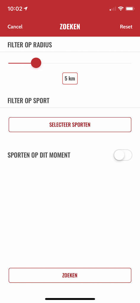 Search interface of the SNS-Pas app with distance and sport filters