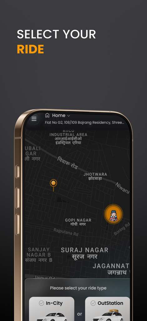 CarChalak - Interfaz de la aplicación móvil CarChalak mostrando un mapa y opciones para seleccionar servicios de viaje dentro de la ciudad o fuera de ella.