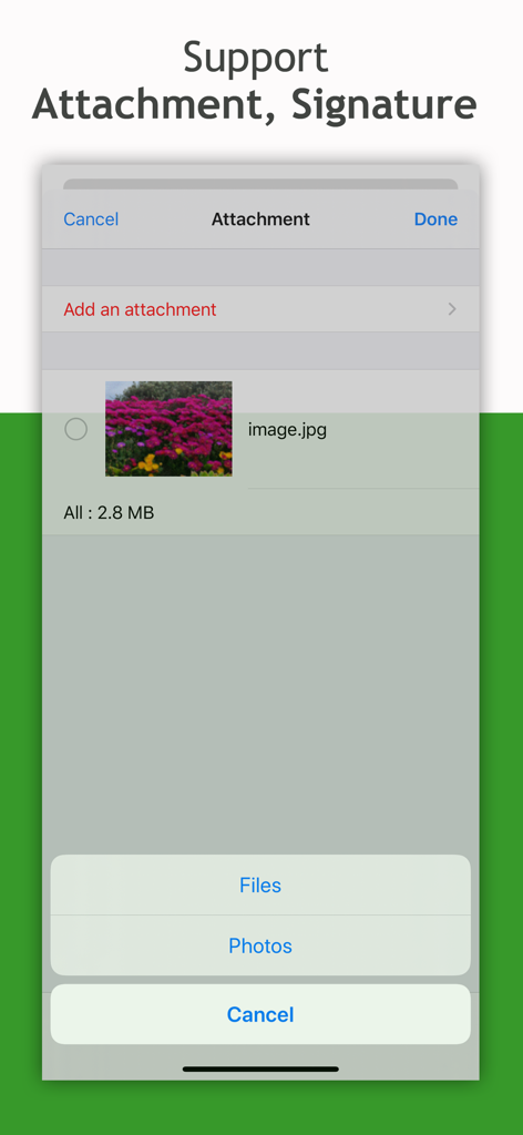 Smart Group: Email, SMS/Text - Screenshot of the Smart Group app showing how to add image and file attachments to group emails and texts.