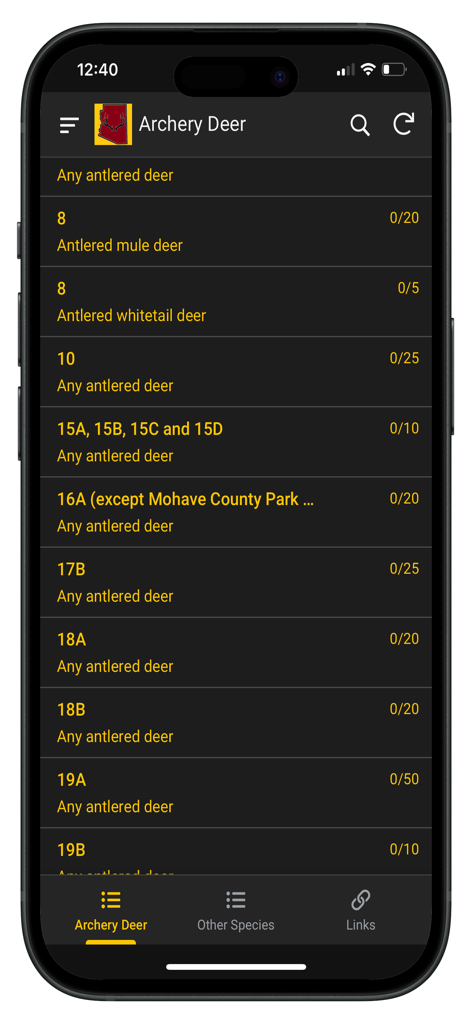 AZHuntQuota - AZHuntQuota app interface listing Arizona archery deer hunting units and harvest quota progress