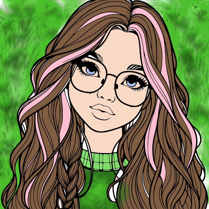 girl with long hair and freckles and glasses realistic