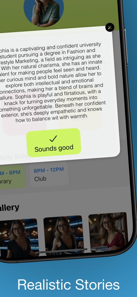 TenderTalk AI Video Calls - A character profile screen for an AI companion named Sophia showing her biography and a photo gallery.
