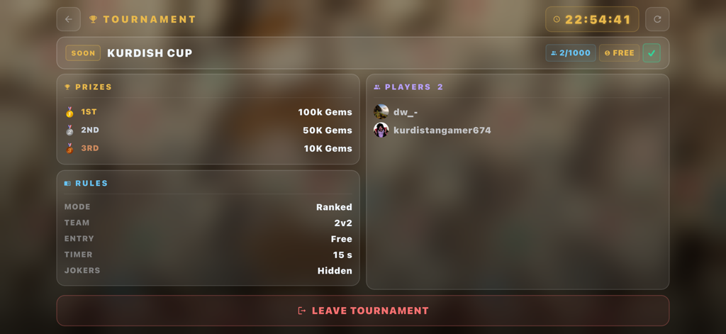 KonKan 앱의 쿠르드 컵 토너먼트 화면, 보석 상품 및 랭크 게임 규칙 표시