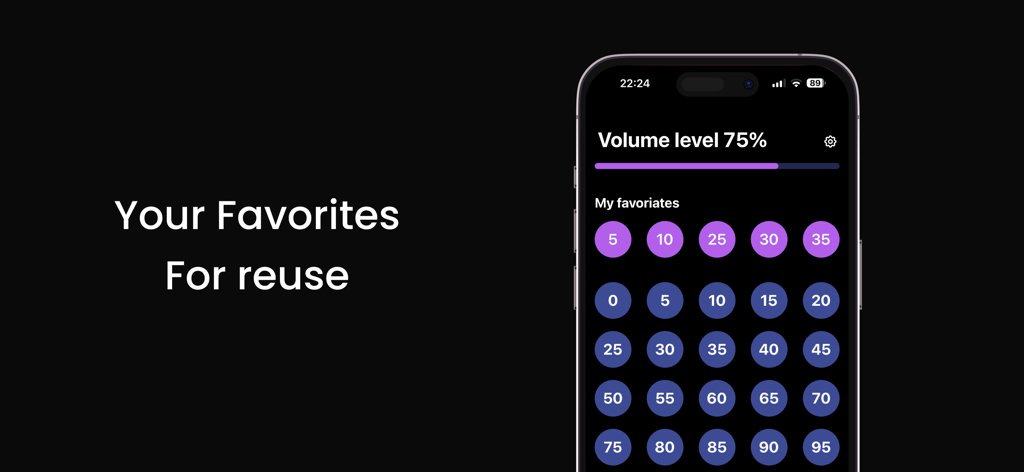 Volume Master - Volume Control - Volume Master App-Bildschirm, der ein Raster von bevorzugten Lautstärkepegel-Presets zur einfachen Wiederverwendung anzeigt