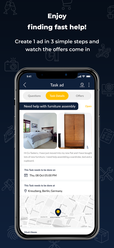Co-Tasker - Interfaz de la aplicación Co-Tasker que muestra un anuncio de tarea para montaje de muebles con detalles del servicio y mapa de ubicación