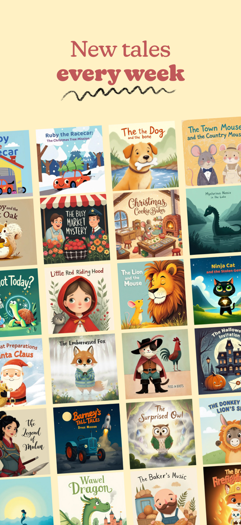 Super Stories: Smart Tales - Cuadrícula de diversas portadas de libros infantiles en la aplicación Super Stories