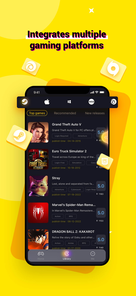 JoyArk app screen showing integrated gaming platforms and a library of PC titles including GTA V and Spider-Man