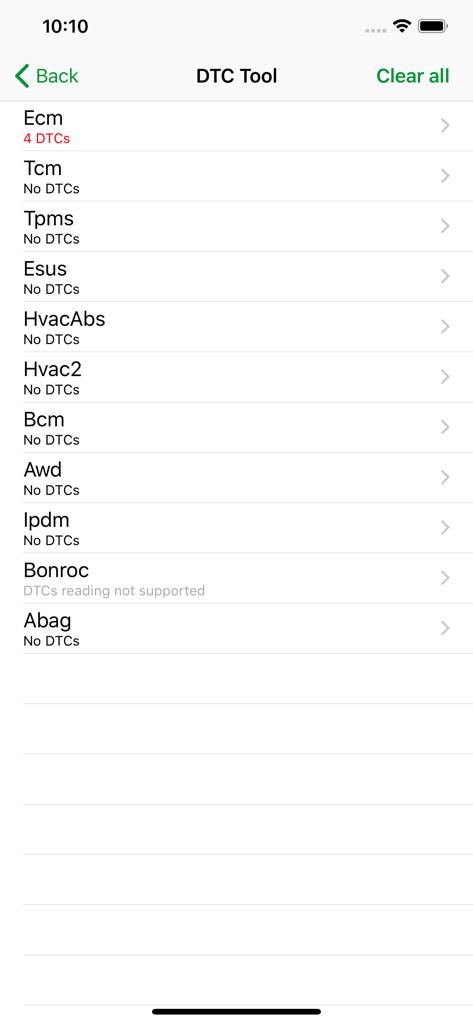 Ecrã da ferramenta DTC da aplicação ECU Connect para diagnóstico de automóveis